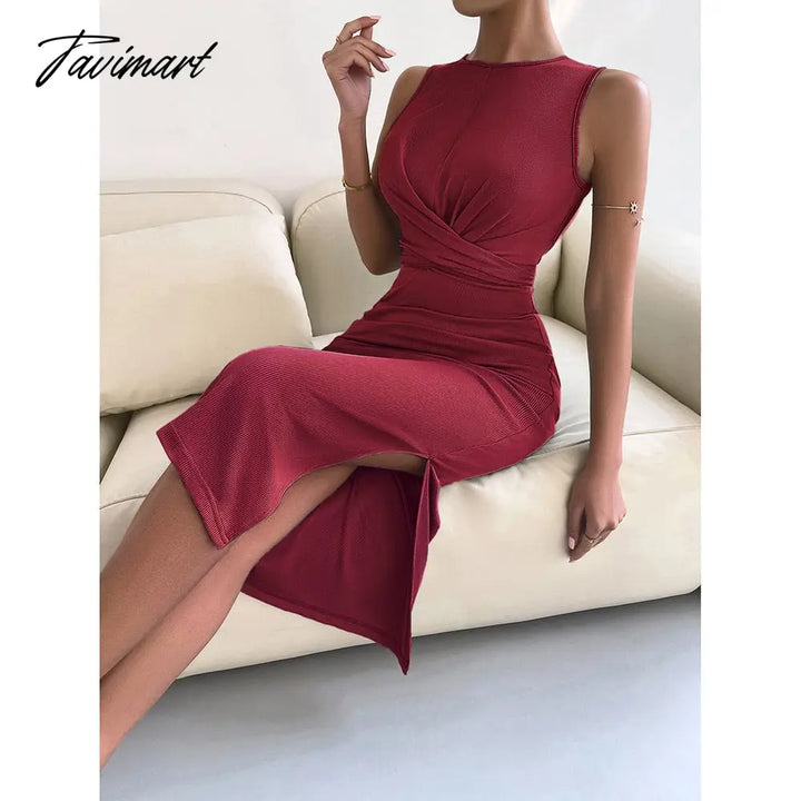 Tavimart Spring Summe Luxury Ladies Knitted Slit Sexy Light Dress Waist Collection Slimming Lady