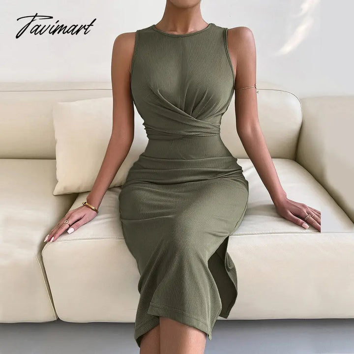 Tavimart Spring Summe Luxury Ladies Knitted Slit Sexy Light Dress Waist Collection Slimming Lady