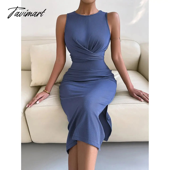 Tavimart Spring Summe Luxury Ladies Knitted Slit Sexy Light Dress Waist Collection Slimming Lady