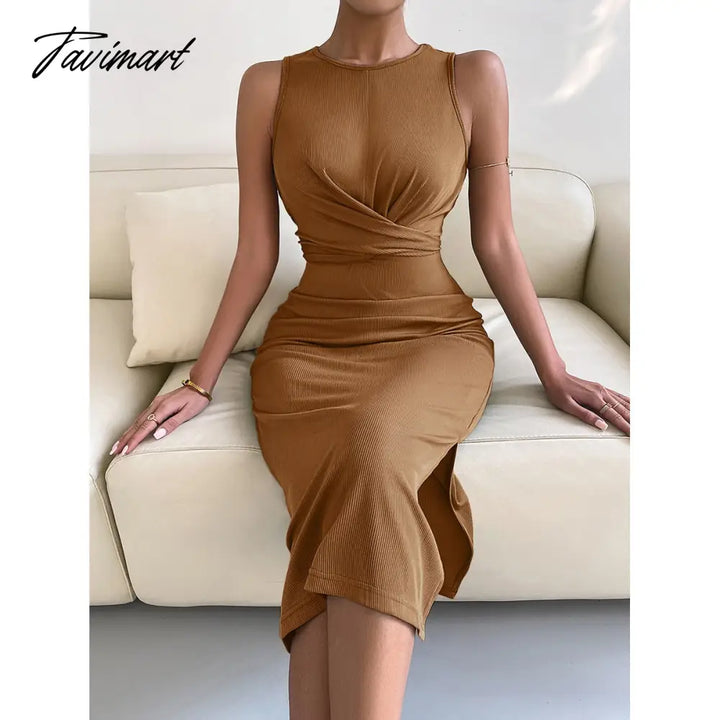 Tavimart Spring Summe Luxury Ladies Knitted Slit Sexy Light Dress Waist Collection Slimming Lady