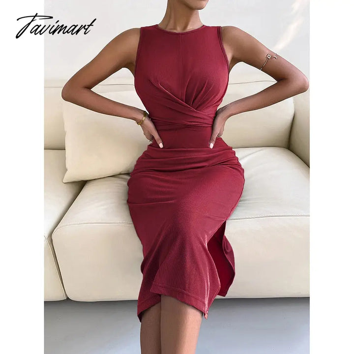 Tavimart Spring Summe Luxury Ladies Knitted Slit Sexy Light Dress Waist Collection Slimming Lady