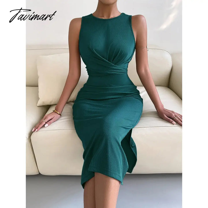 Tavimart Spring Summe Luxury Ladies Knitted Slit Sexy Light Dress Waist Collection Slimming Lady