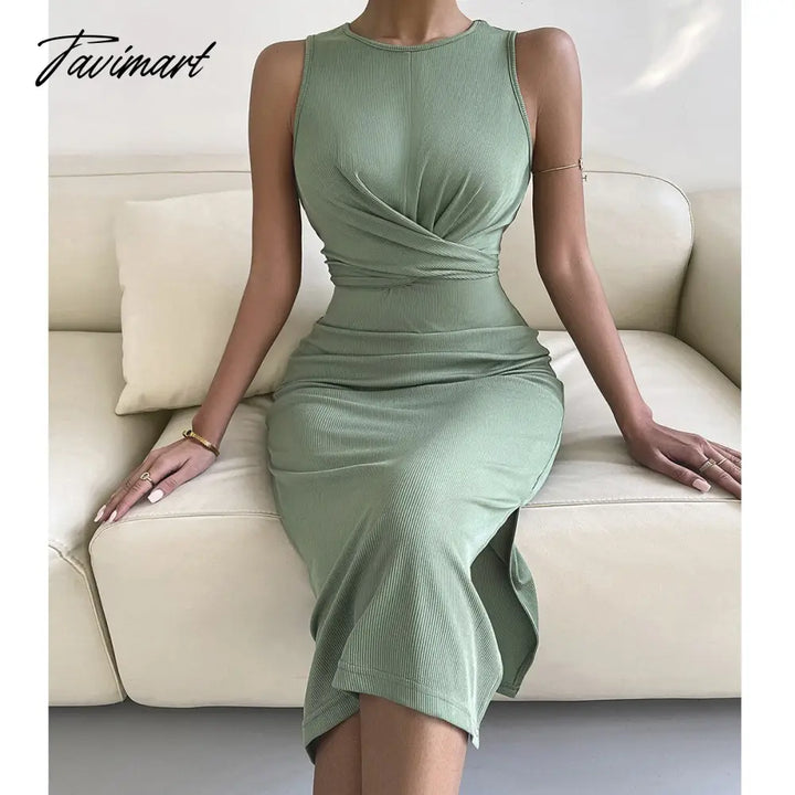 Tavimart Spring Summe Luxury Ladies Knitted Slit Sexy Light Dress Waist Collection Slimming Lady