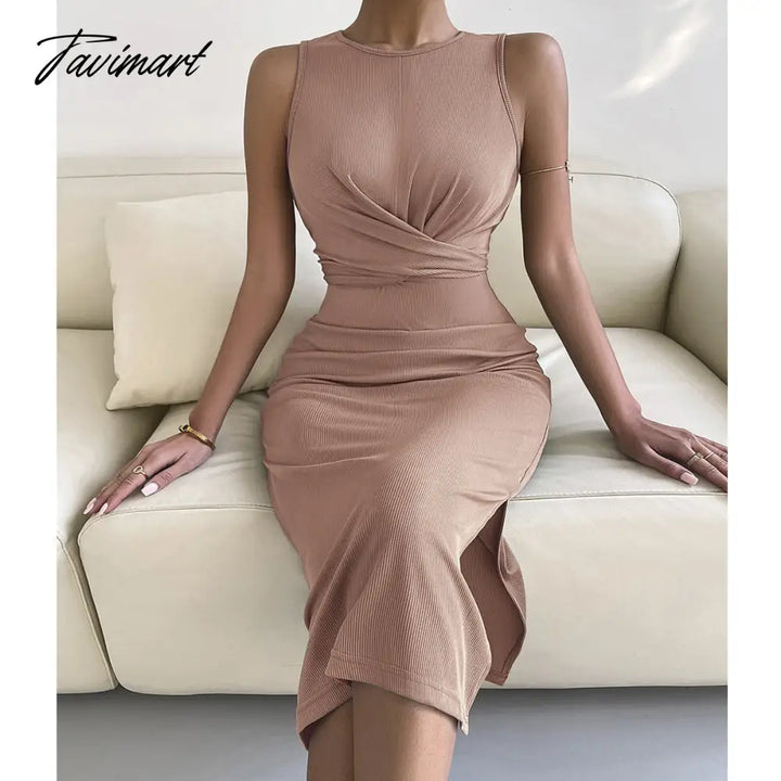 Tavimart Spring Summe Luxury Ladies Knitted Slit Sexy Light Dress Waist Collection Slimming Lady