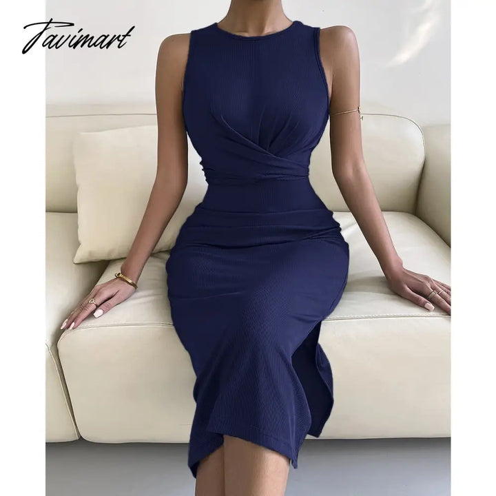 Tavimart Spring Summe Luxury Ladies Knitted Slit Sexy Light Dress Waist Collection Slimming Lady