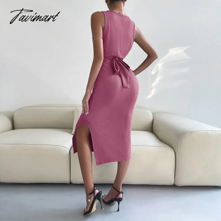 Tavimart Spring Summe Luxury Ladies Knitted Slit Sexy Light Dress Waist Collection Slimming Lady