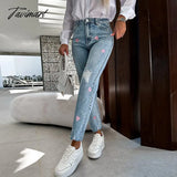 Tavimart Spring Summer Casual Ripped Hole Straight Trousers Street Fashion Star Print Washing Jeans