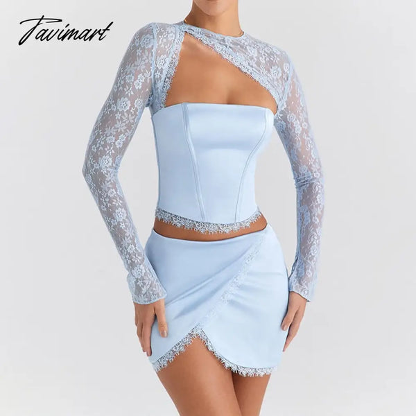 Tavimart Spring Summer New Fashion Sexy Solid Color Temperament Lace Stitching Long Sleeve Bag Hip