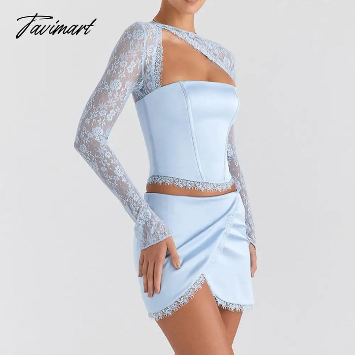 Tavimart Spring Summer New Fashion Sexy Solid Color Temperament Lace Stitching Long Sleeve Bag Hip