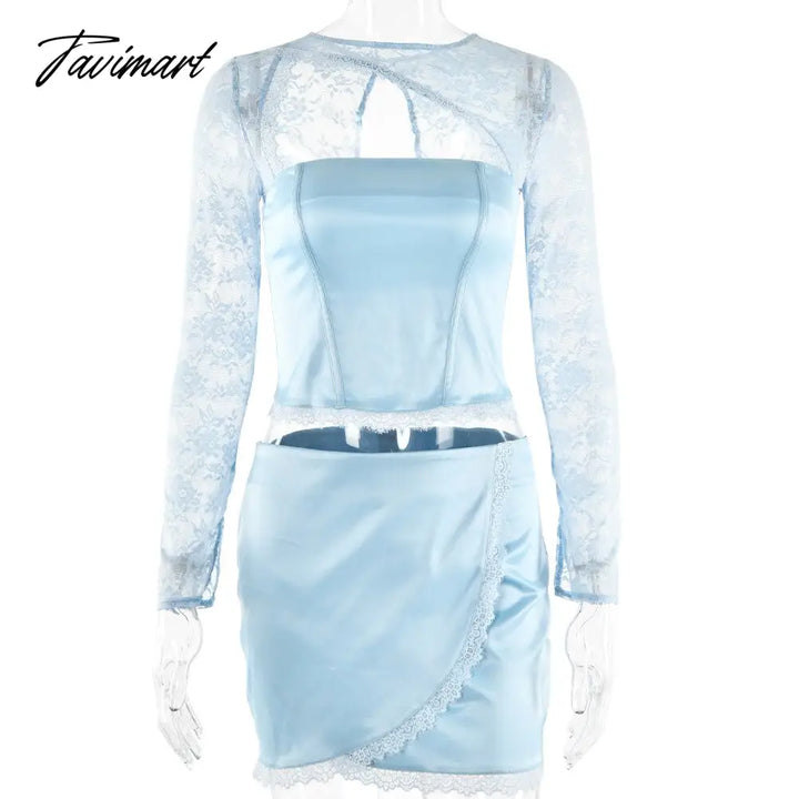 Tavimart Spring Summer New Fashion Sexy Solid Color Temperament Lace Stitching Long Sleeve Bag Hip