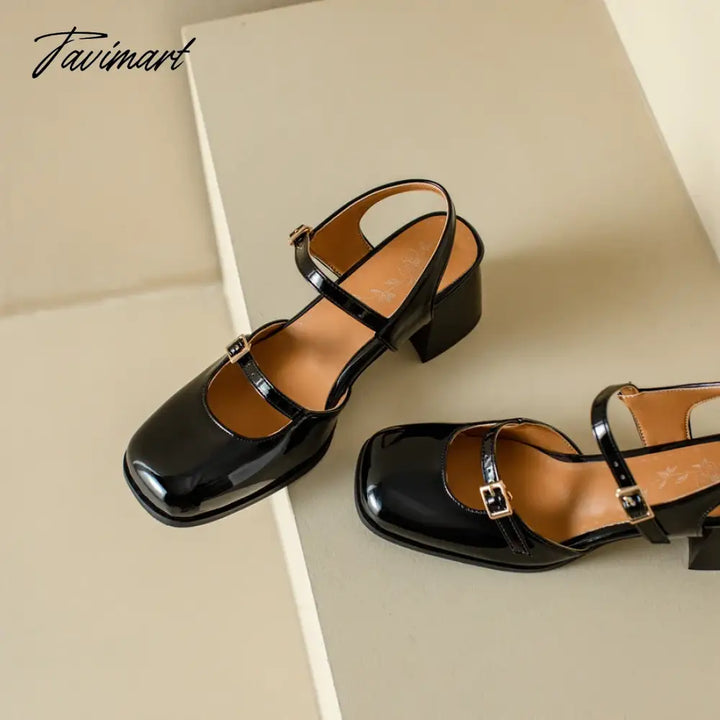 Tavimart - Spring Summer New Women Sandals Square Toe Buckle Chunky Pumps Patent Leather High Heels