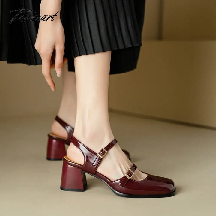 Tavimart - Spring Summer New Women Sandals Square Toe Buckle Chunky Pumps Patent Leather High Heels