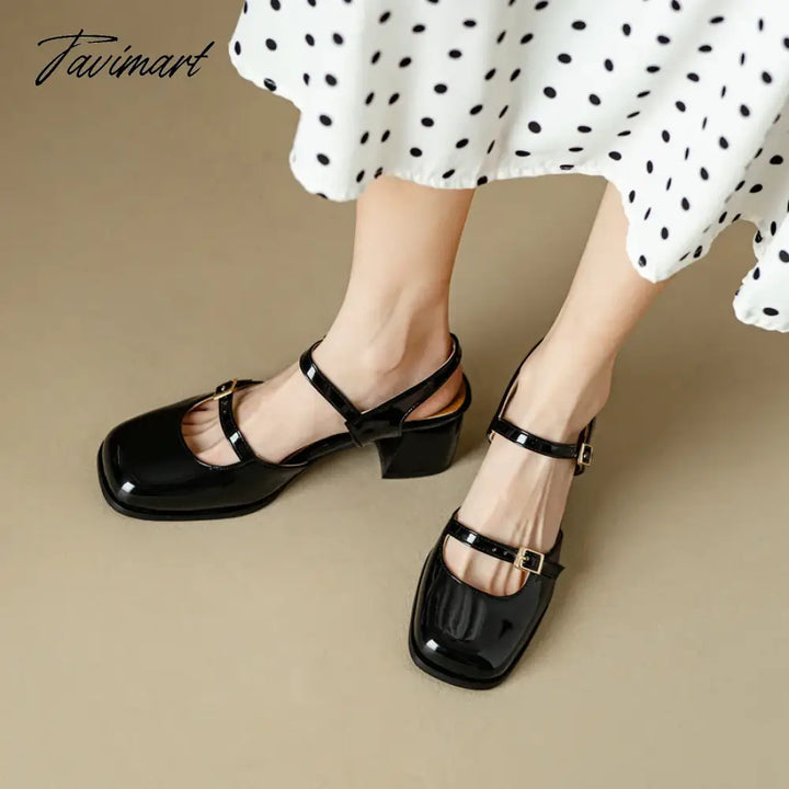 Tavimart - Spring Summer New Women Sandals Square Toe Buckle Chunky Pumps Patent Leather High Heels