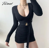 Tavimart Spring Summer Sexy Women’s Mini Dress Deep V Plain Bodycon Long Sleeve Wrap Hip