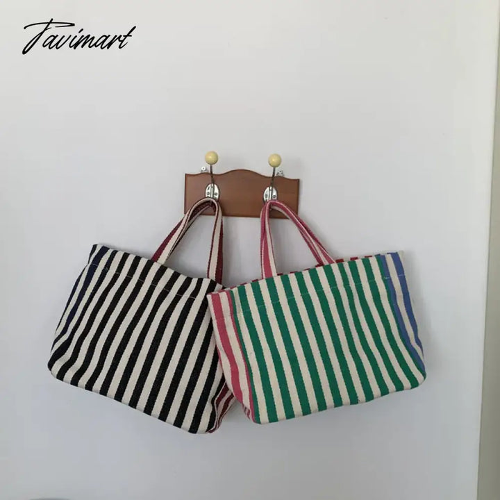 Tavimart Spring Summer Square Shoulder Bag Canvas Messenger Bags Color Contrast Stripe Handbag