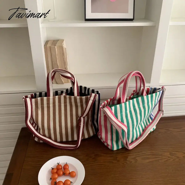 Tavimart Spring Summer Square Shoulder Bag Canvas Messenger Bags Color Contrast Stripe Handbag