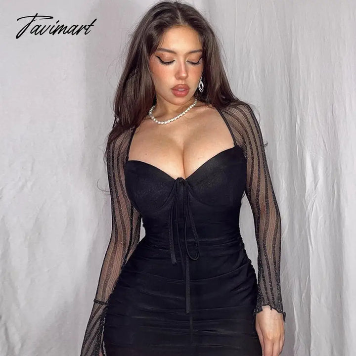 Tavimart Spring Summer Women Sexy Lace Black Sheer Mesh Long Sleeves Knee Length Backless Bodycon