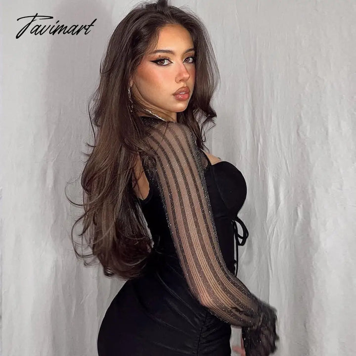 Tavimart Spring Summer Women Sexy Lace Black Sheer Mesh Long Sleeves Knee Length Backless Bodycon