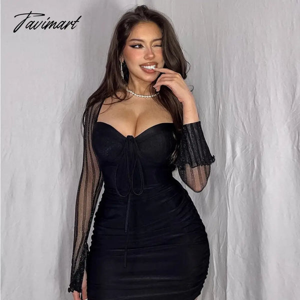 Tavimart Spring Summer Women Sexy Lace Black Sheer Mesh Long Sleeves Knee Length Backless Bodycon