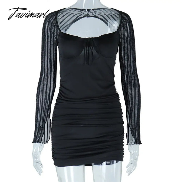 Tavimart Spring Summer Women Sexy Lace Black Sheer Mesh Long Sleeves Knee Length Backless Bodycon