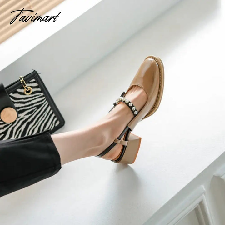Tavimart - Spring/Summer Women Shoes Round Toe Chunky Heel Sandals Pearl Mary Janes Split Leather