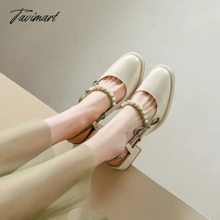 Tavimart - Spring/Summer Women Shoes Round Toe Chunky Heel Sandals Pearl Mary Janes Split Leather