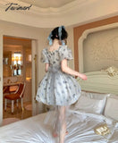 Tavimart Spring Vintage Fairy Casual Printing Women Patchwork Mini Dress Ladies Elegant Princess