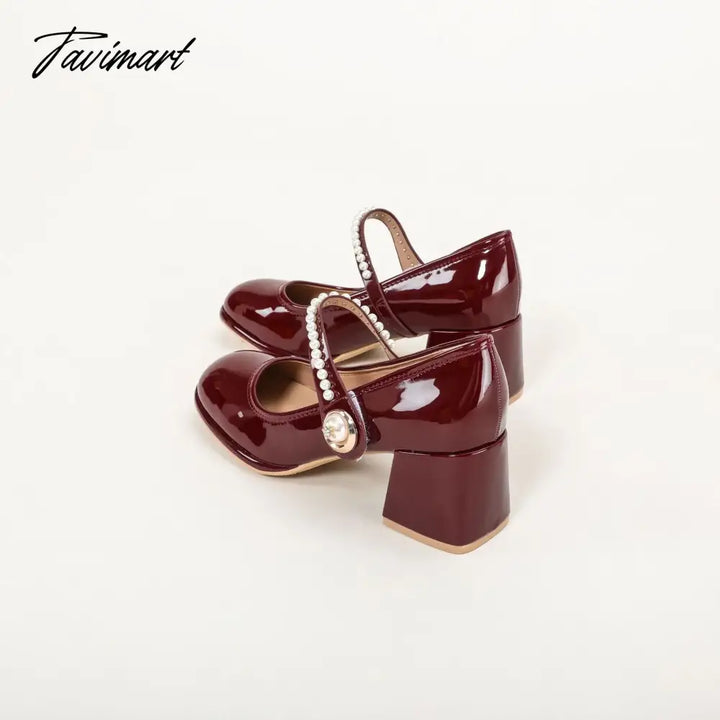 Tavimart Spring Vintage Mary Jane Shoes Women’s Patent Leather Pearl Middle Heel High Comfortable