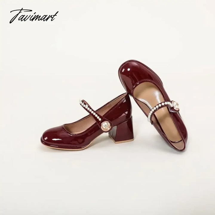 Tavimart Spring Vintage Mary Jane Shoes Women’s Patent Leather Pearl Middle Heel High Comfortable
