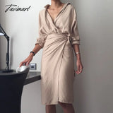 Tavimart Spring Women Casual V - Neck Cotton Linen Midi Dress Full Sleeve Lace Up Female Elegant