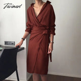 Tavimart Spring Women Casual V - Neck Cotton Linen Midi Dress Full Sleeve Lace Up Female Elegant