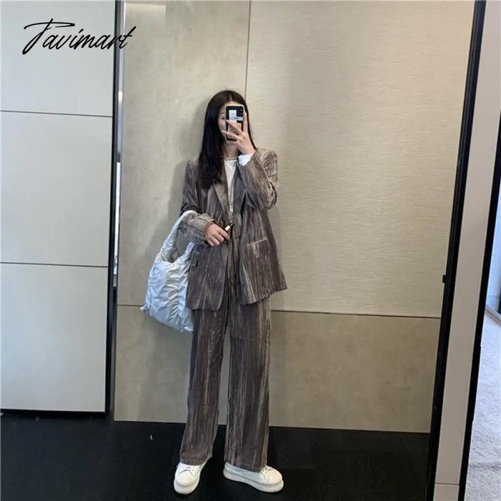 Tavimart Spring Women Suits Printed Glossy Long Sleeve Double Breasted Blazer + High Waist Wide Leg