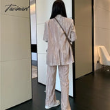 Tavimart Spring Women Suits Printed Glossy Long Sleeve Double Breasted Blazer + High Waist Wide Leg