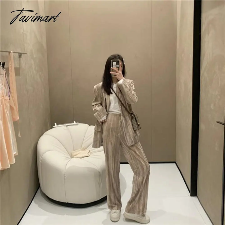 Tavimart Spring Women Suits Printed Glossy Long Sleeve Double Breasted Blazer + High Waist Wide Leg