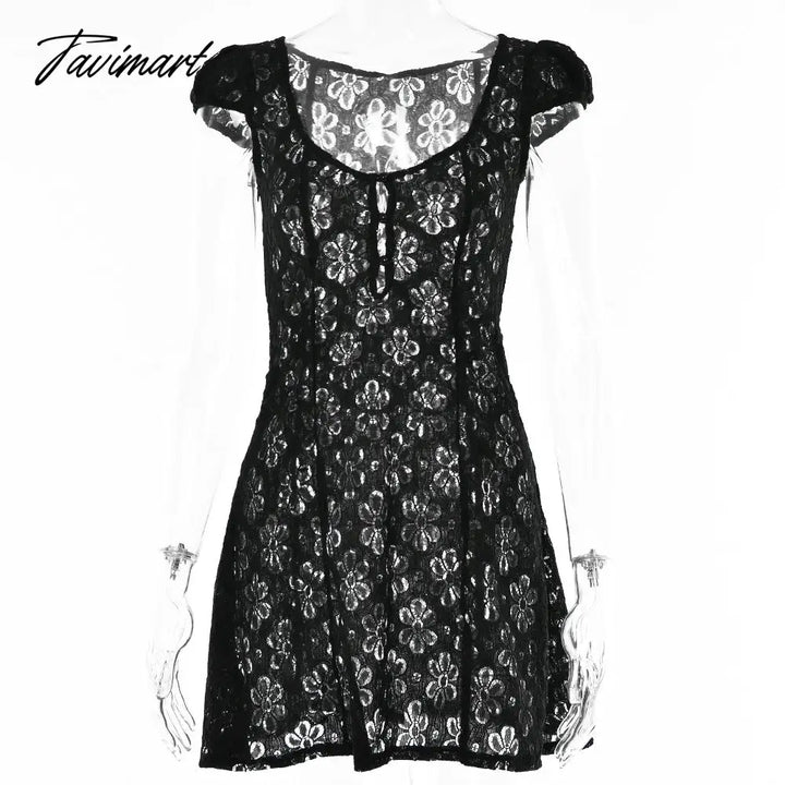 Tavimart Square Collar Black Mini Dress Summer Sexy High Waist Short Sleeve Beachwear Bodycon