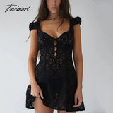 Tavimart Square Collar Black Mini Dress Summer Sexy High Waist Short Sleeve Beachwear Bodycon