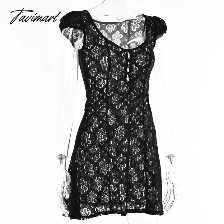 Tavimart Square Collar Black Mini Dress Summer Sexy High Waist Short Sleeve Beachwear Bodycon