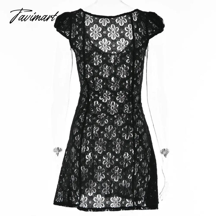 Tavimart Square Collar Black Mini Dress Summer Sexy High Waist Short Sleeve Beachwear Bodycon