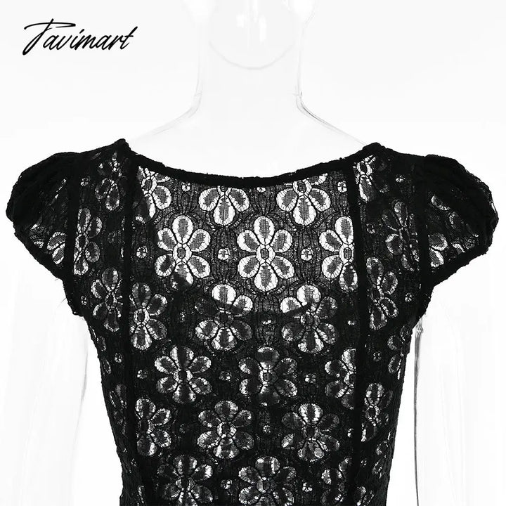 Tavimart Square Collar Black Mini Dress Summer Sexy High Waist Short Sleeve Beachwear Bodycon