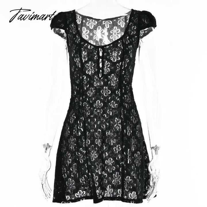 Tavimart Square Collar Black Mini Dress Summer Sexy High Waist Short Sleeve Beachwear Bodycon