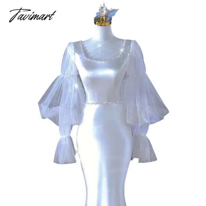 Tavimart - Square Collar Mesh Design Puff Sleeve Wedding Party Dresses Slim Waist Temperament Prom