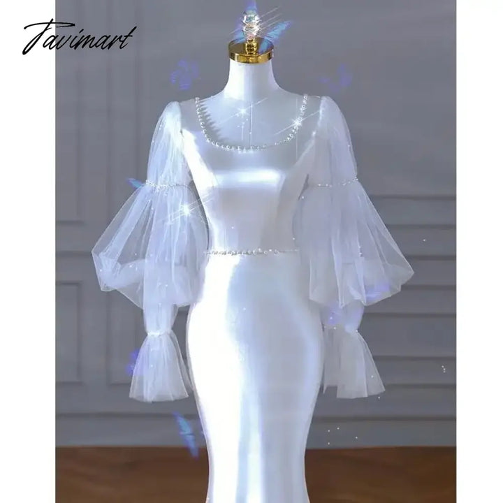 Tavimart - Square Collar Mesh Design Puff Sleeve Wedding Party Dresses Slim Waist Temperament Prom