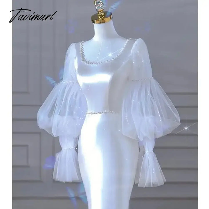 Tavimart - Square Collar Mesh Design Puff Sleeve Wedding Party Dresses Slim Waist Temperament Prom