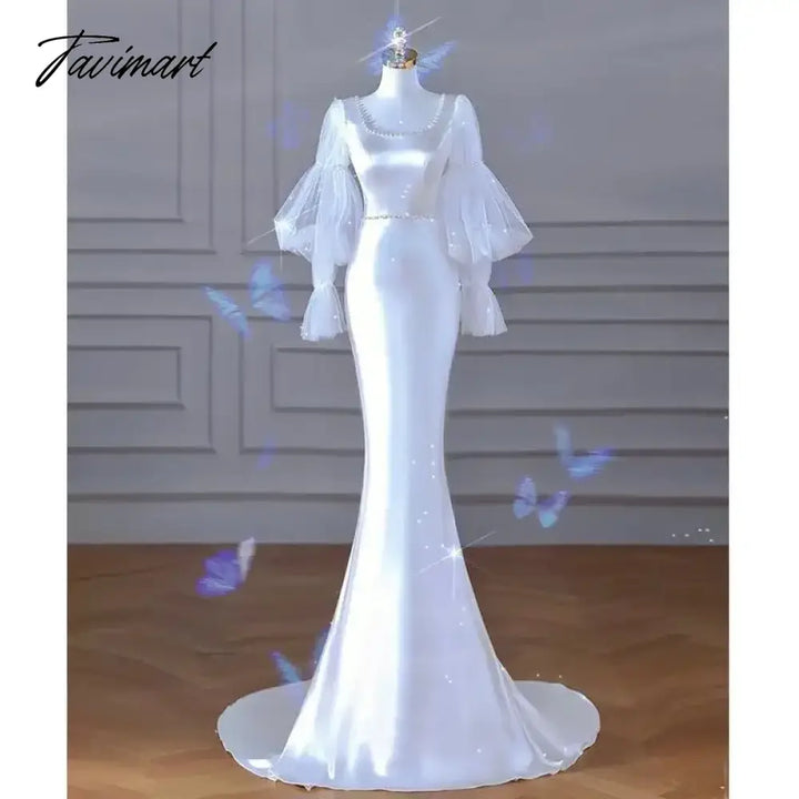 Tavimart - Square Collar Mesh Design Puff Sleeve Wedding Party Dresses Slim Waist Temperament Prom