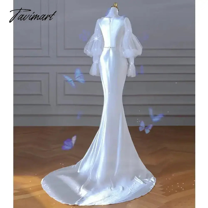 Tavimart - Square Collar Mesh Design Puff Sleeve Wedding Party Dresses Slim Waist Temperament Prom