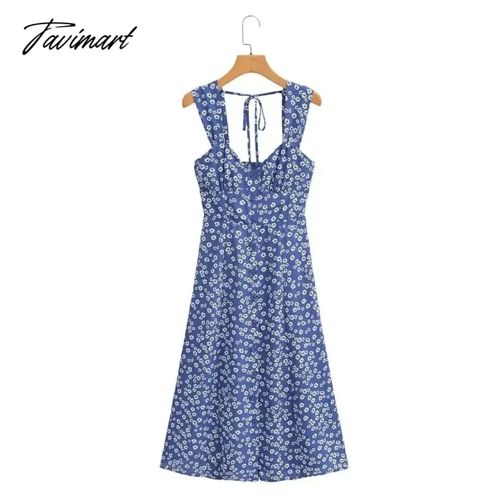 traf midi dress Tavimart Store Traf Retro Blue Floral Print Summer Tank Vestidos Cloth –  tavimart
