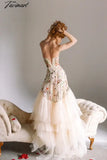 Tavimart Strapless Champagne Mermaid Evening Dresses Floral Dress Applique Prom Puffy Long Tulle