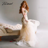 Tavimart Strapless Champagne Mermaid Evening Dresses Floral Dress Applique Prom Puffy Long Tulle