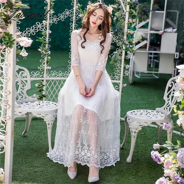 Tavimart Street Sexy Casual Slim Lace Dress Lolita Princess Elegant Midi Fairy Cos Loli Beach Party