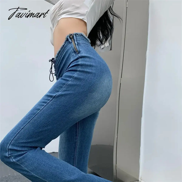 Tavimart Streetwear Drawstring Pleated Sexy Slim Jeans Women Summer New High Waist Fashion All -